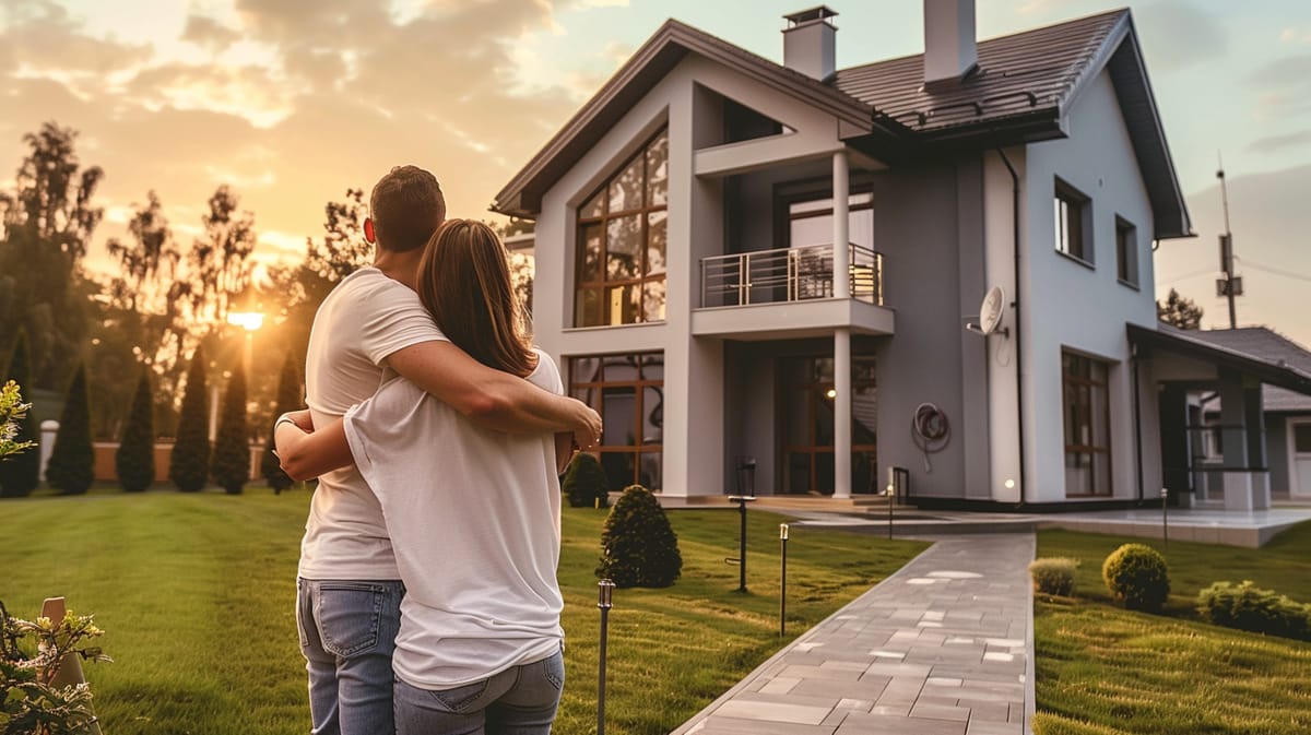 A couple with their arms around each other, looking at their home at sunset
