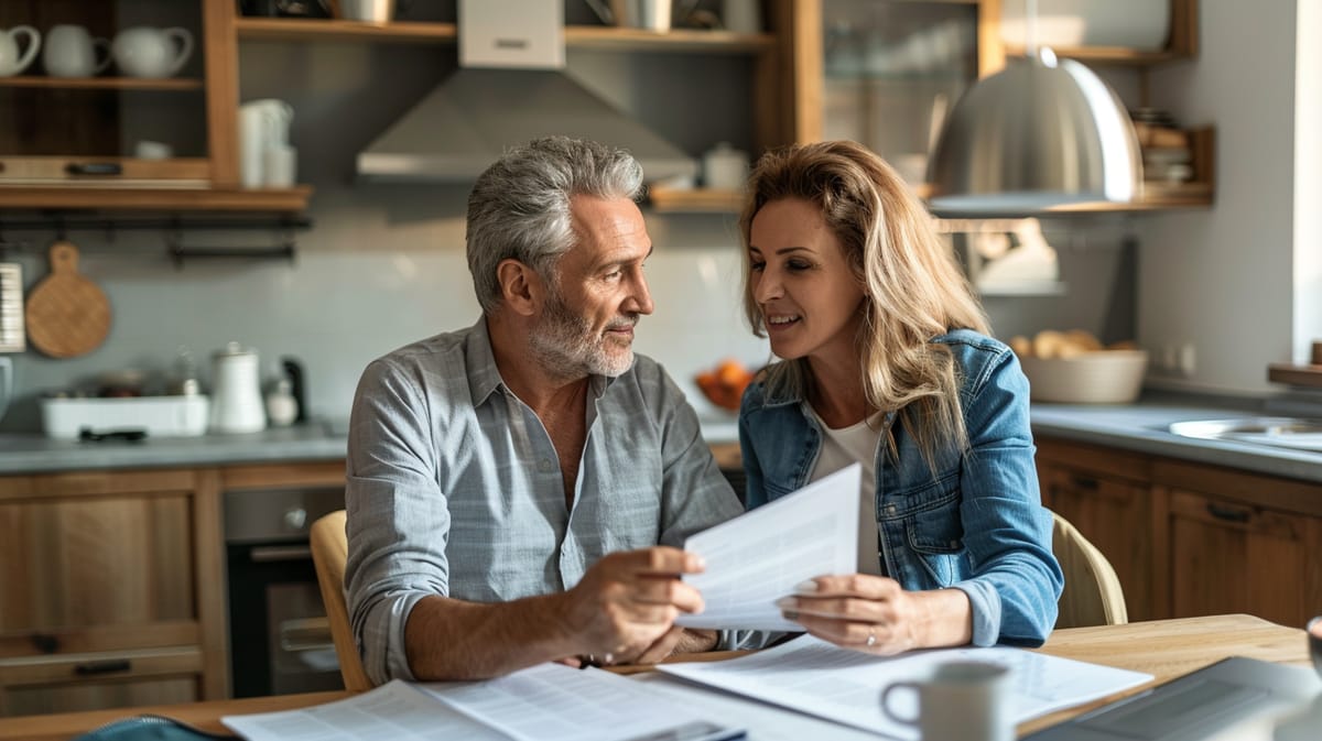 A middle-aged couple at their kitchen table going over mortgage papers together